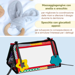 L'anello di dentizione e lo specchio con pendenti della Box Giochi Montessori in Legno per neonati 0-6 mesi L'anello di dentizione e lo specchio con pendenti della Box Giochi Montessori in Legno per neonati 0-6 mesi