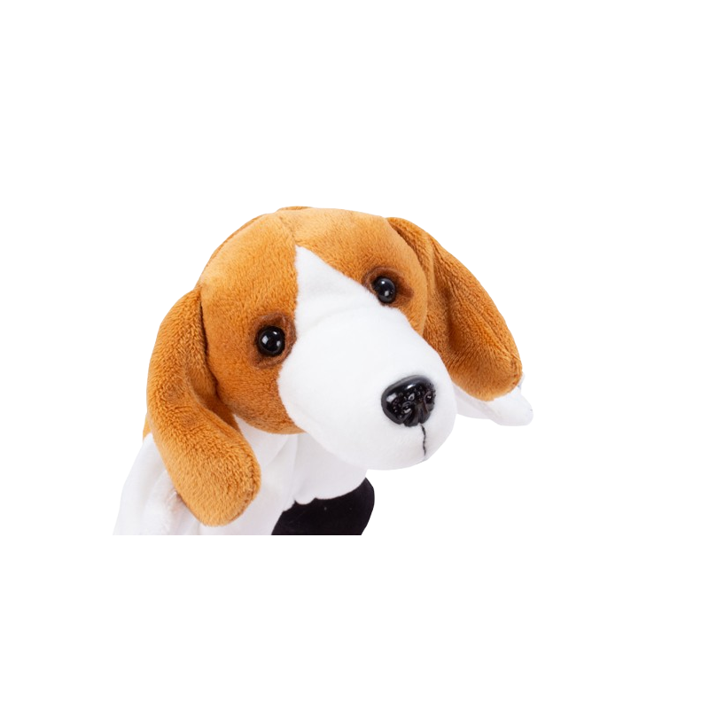 il dettaglio del musetto della marionetta in morbido peluche a forma di cagnolino della Beleduc il dettaglio del musetto della marionetta in morbido peluche a forma di cagnolino della Beleduc
