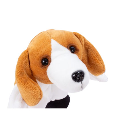 il dettaglio del musetto della marionetta in morbido peluche a forma di cagnolino della Beleduc il dettaglio del musetto della marionetta in morbido peluche a forma di cagnolino della Beleduc