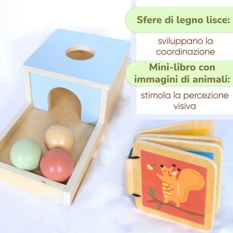Palline di legno e libricino con immagini di animali per sviluppare coordinazione e percezione visiva Palline di legno e libricino con immagini di animali per sviluppare coordinazione e percezione visiva