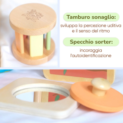 Tamburo in legno e specchio infrangibile per sviluppare la percezione visiva Tamburo in legno e specchio infrangibile per sviluppare la percezione visiva