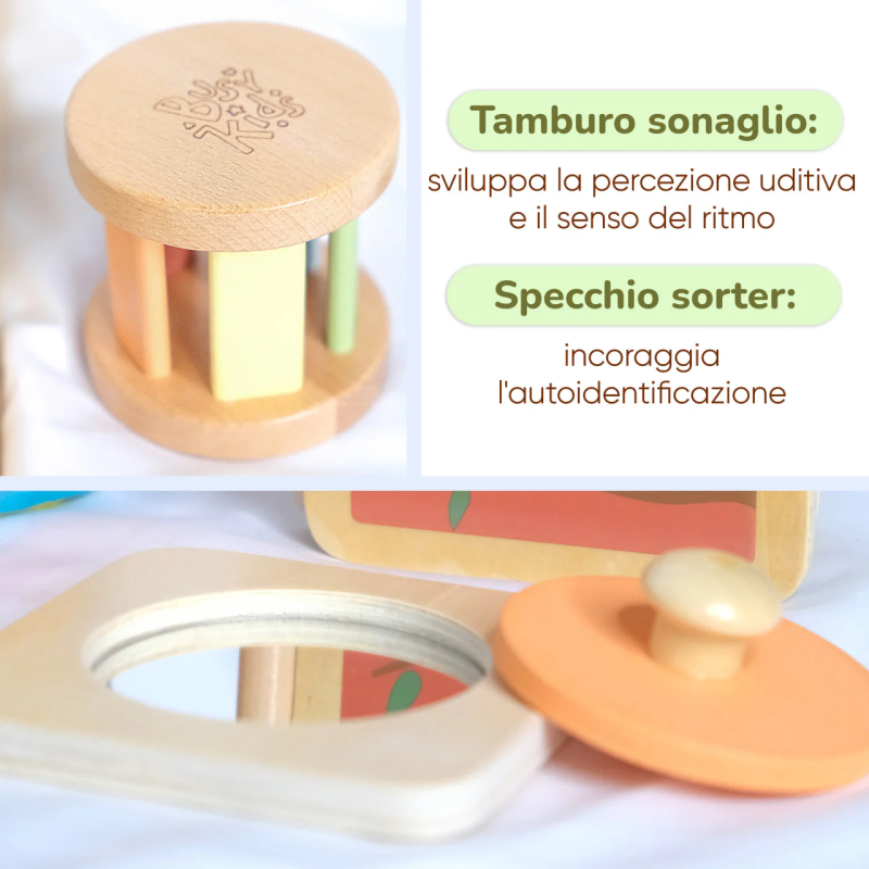 Tamburo in legno e specchio infrangibile per sviluppare la percezione visiva Tamburo in legno e specchio infrangibile per sviluppare la percezione visiva