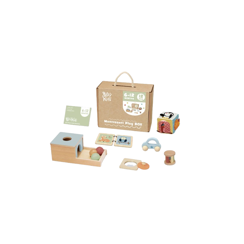 Il contenuto della Box Giochi Montessori in Legno 6-12 mesi di BusyKids