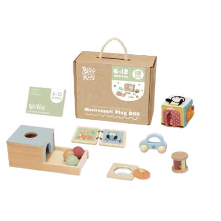 Il contenuto della Box Giochi Montessori in Legno 6-12 mesi di BusyKids