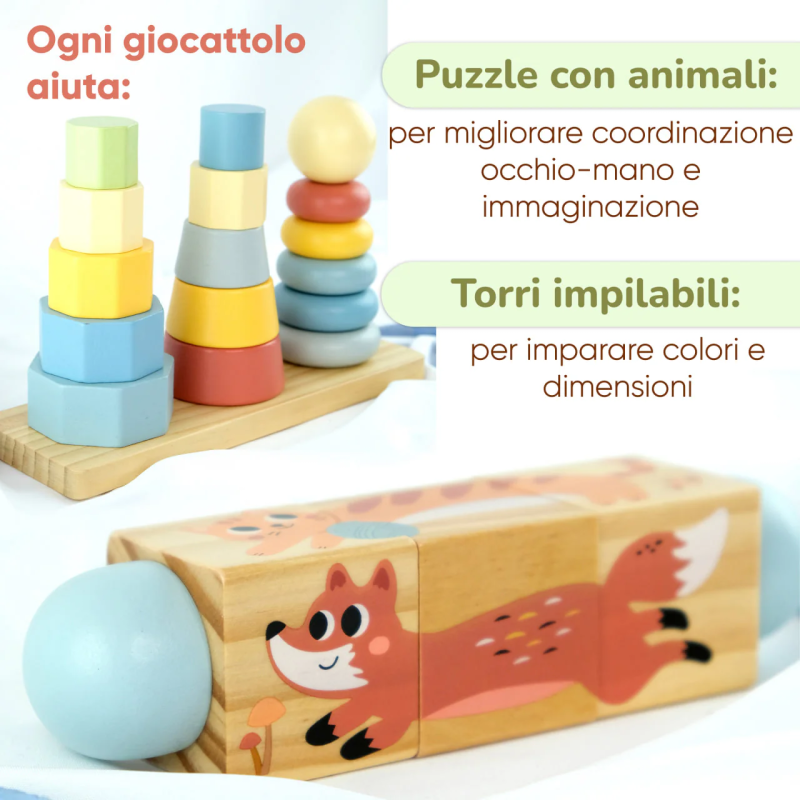 Le forme in legno e i cubi in legno con immagini di animali della Box Giochi Montessori in Legno 18-24 Mesi di BusyKids Le forme in legno e i cubi in legno con immagini di animali della Box Giochi Montessori in Legno 18-24 Mesi di BusyKids