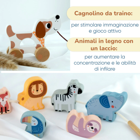 Il cagnolino trainabile e gli animali in legno con cordoncino della Box Giochi Montessori in Legno 18-24 Mesi di BusyKids Il cagnolino trainabile e gli animali in legno con cordoncino della Box Giochi Montessori in Legno 18-24 Mesi di BusyKids