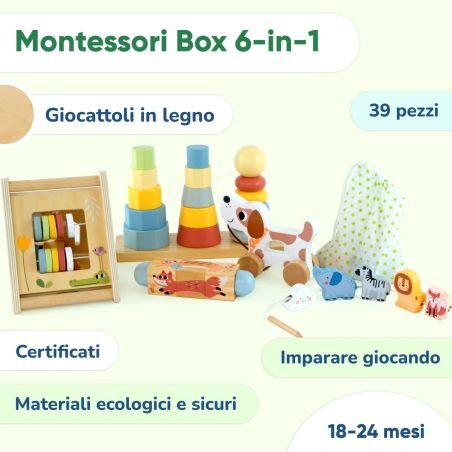 La selezione di giochi contenuti nella Box Giochi Montessori in Legno 18-24 Mesi di BusyKids La selezione di giochi contenuti nella Box Giochi Montessori in Legno 18-24 Mesi di BusyKids