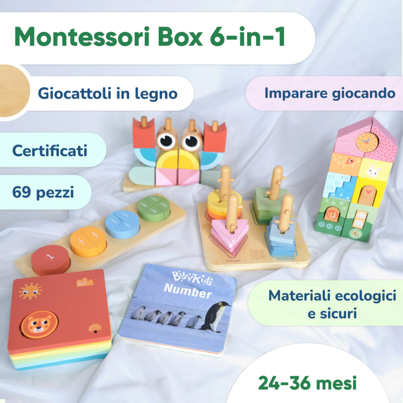 La selezioni di giochi nella Box Giochi Montessori in Legno 24-36 mesi di BusyKids La selezioni di giochi nella Box Giochi Montessori in Legno 24-36 mesi di BusyKids