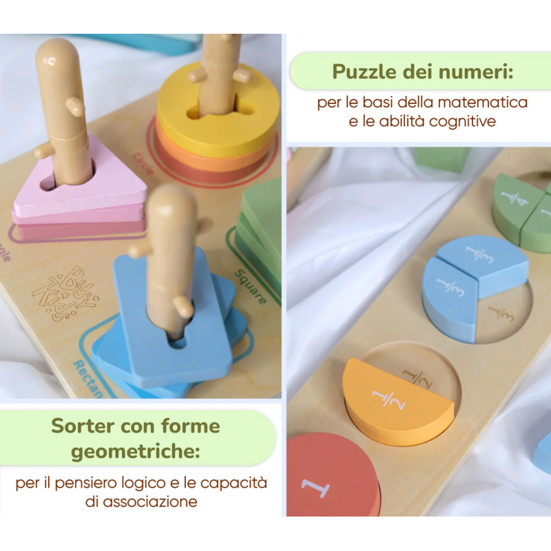 Incastro forme geometriche colorate su base di legno e Puzzle in legno dei numeri Incastro forme geometriche colorate su base di legno e Puzzle in legno dei numeri