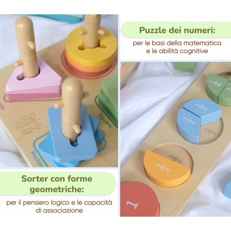 Incastro forme geometriche colorate su base di legno e Puzzle in legno dei numeri Incastro forme geometriche colorate su base di legno e Puzzle in legno dei numeri