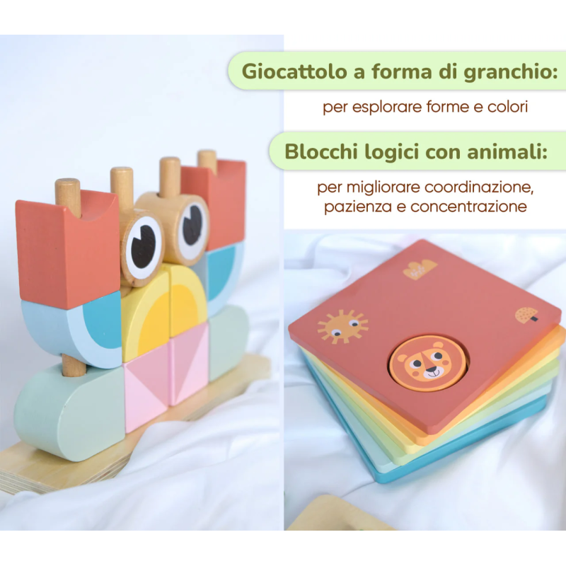 Forme geometriche colorate in legno a forma di granchio e Blocchi quadrati in legno con immagini di animali Forme geometriche colorate in legno a forma di granchio e Blocchi quadrati in legno con immagini di animali