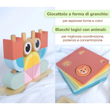 Forme geometriche colorate in legno a forma di granchio e Blocchi quadrati in legno con immagini di animali Forme geometriche colorate in legno a forma di granchio e Blocchi quadrati in legno con immagini di animali