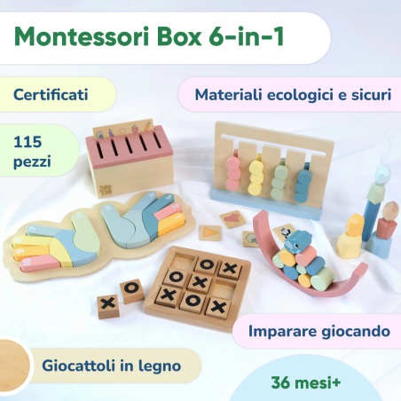 La selezione di giochi in legno nella Box Giochi Montessori di BusyKids La selezione di giochi in legno nella Box Giochi Montessori di BusyKids