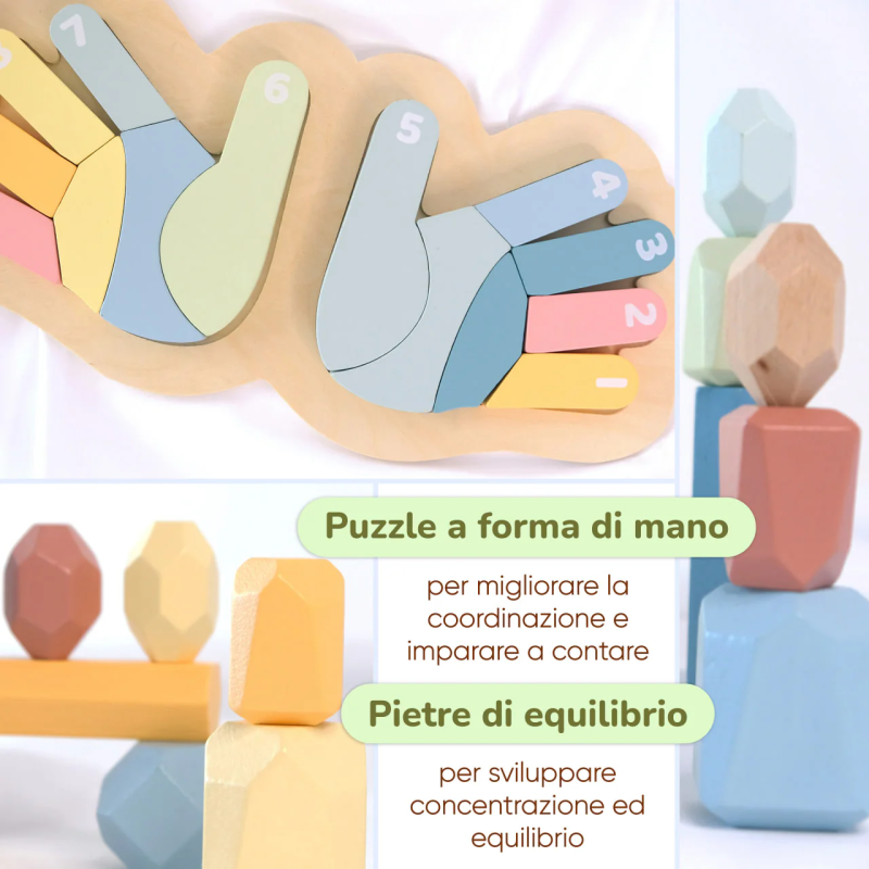 Puzzle in legno colorato a forma di mano con numeri e Pietre in legno colorate nella Box Giochi Montessori di BusyKids Puzzle in legno colorato a forma di mano con numeri e Pietre in legno colorate nella Box Giochi Montessori di BusyKids