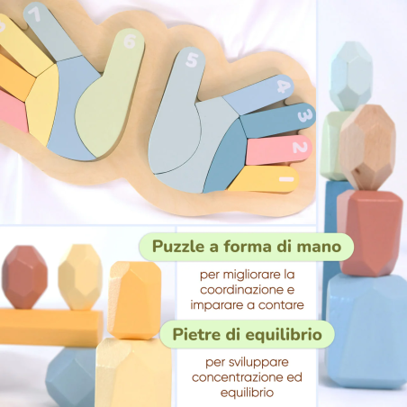 Puzzle in legno colorato a forma di mano con numeri e Pietre in legno colorate nella Box Giochi Montessori di BusyKids Puzzle in legno colorato a forma di mano con numeri e Pietre in legno colorate nella Box Giochi Montessori di BusyKids