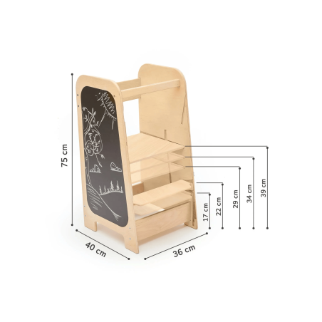 Dimensioni e dettaglio della lavagna laterale della Torre di Apprendimento Multifunzione Azzurra di BusyKids