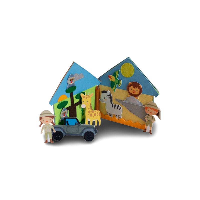 Un dettaglio degli elementi in feltro all'interno del Libro in feltro a tema Safari di Pantaworlds Un dettaglio degli elementi in feltro all'interno del Libro in feltro a tema Safari di Pantaworlds