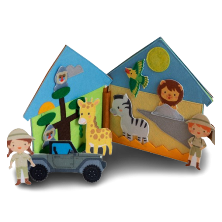 Un dettaglio degli elementi in feltro all'interno del Libro in feltro a tema Safari di Pantaworlds Un dettaglio degli elementi in feltro all'interno del Libro in feltro a tema Safari di Pantaworlds