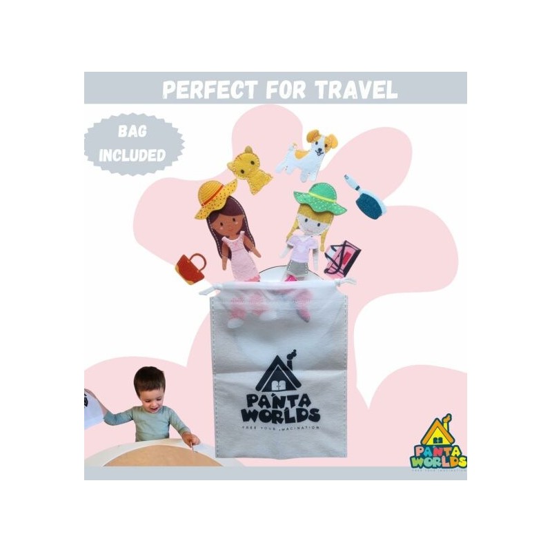 La bustina in tessuto inclusa nel set extra con personaggi in feltro per i libri di Pantaworlds La bustina in tessuto inclusa nel set extra con personaggi in feltro per i libri di Pantaworlds