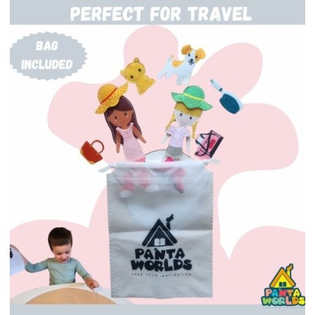 La bustina in tessuto inclusa nel set extra con personaggi in feltro per i libri di Pantaworlds La bustina in tessuto inclusa nel set extra con personaggi in feltro per i libri di Pantaworlds