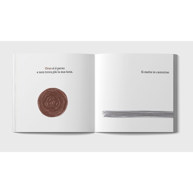 L’orso protagonista di Orso, buco! di Minibombo raffigurato con un cerchio bruno per essere compreso meglio dai bambini piccoli