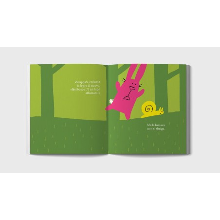 La fuga dei 4 amici animali per sfuggire alle grinfie del lupo nel libro libro Affamato come un lupo di Minibombo