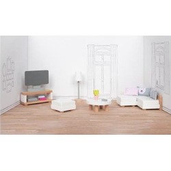 Design semplice e curato nei minimi dettagli per il Set di mobili in Legno per bambole raffiguranti un Soggiorno di Goki