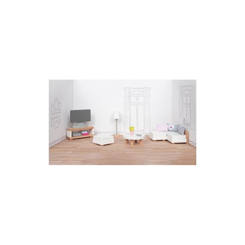 Design semplice e curato nei minimi dettagli per il Set di mobili in Legno per bambole raffiguranti un Soggiorno di Goki