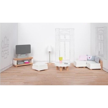 Design semplice e curato nei minimi dettagli per il Set di mobili in Legno per bambole raffiguranti un Soggiorno di Goki