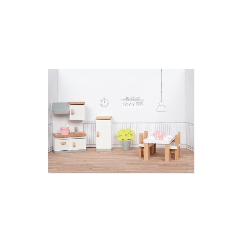 Design semplice e curato nei minimi dettagli per il Set di mobili in Legno per bambole raffiguranti una Cucina di Goki