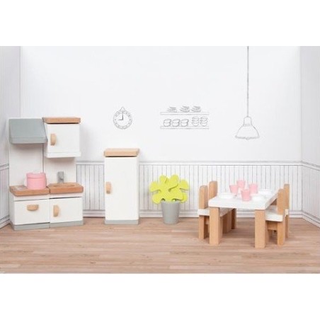 Design semplice e curato nei minimi dettagli per il Set di mobili in Legno per bambole raffiguranti una Cucina di Goki