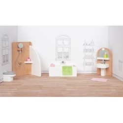 Design semplice e curato nei minimi dettagli per il Set di mobili in Legno per bambole raffiguranti un Bagno di Goki