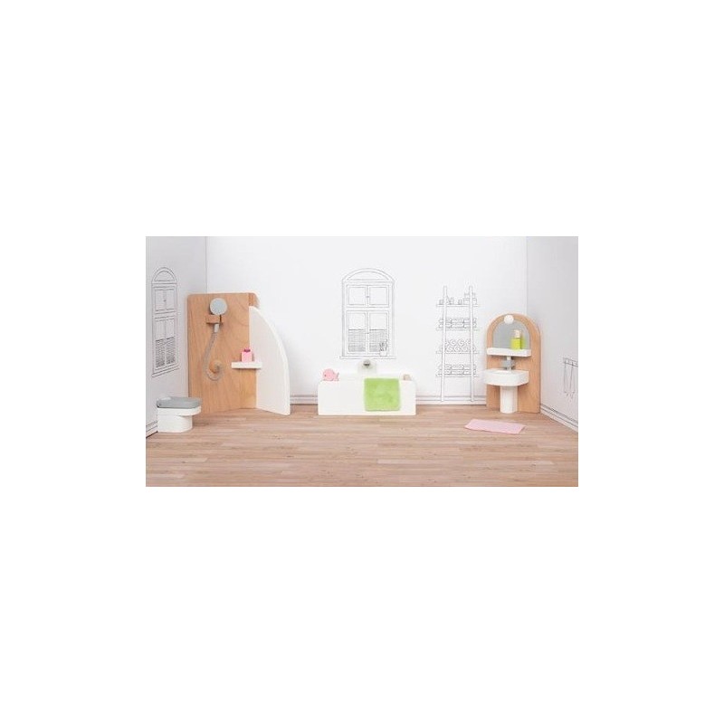 Design semplice e curato nei minimi dettagli per il Set di mobili in Legno per bambole raffiguranti un Bagno di Goki