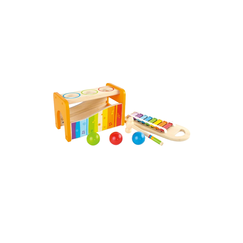 Tutti gli elementi compresi nella scatola del banco delle palline e xilofono di Hape