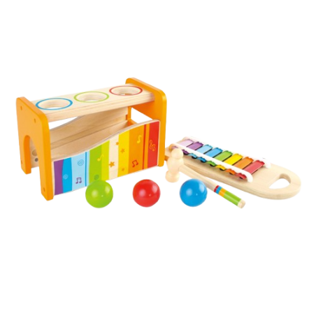 Tutti gli elementi compresi nella scatola del banco delle palline e xilofono di Hape