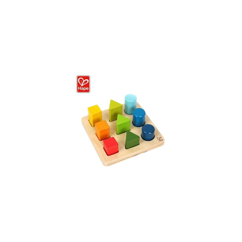 9 blocchetti in legno colorati di Hape da abbinare nelle varie forme su una base di legno 9 blocchetti in legno colorati di Hape da abbinare nelle varie forme su una base di legno