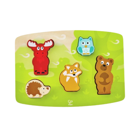 Il Puzzle tattile degli animali della foresta di Hape in vari materiali diversi al tatto