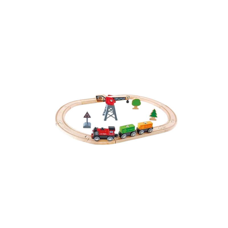 La Pista con locomotiva a batteria e gru della Hape ideale per bambini dai 3 anni