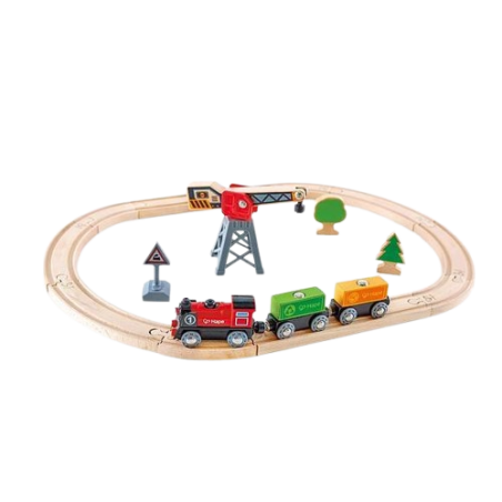 La Pista con locomotiva a batteria e gru della Hape ideale per bambini dai 3 anni