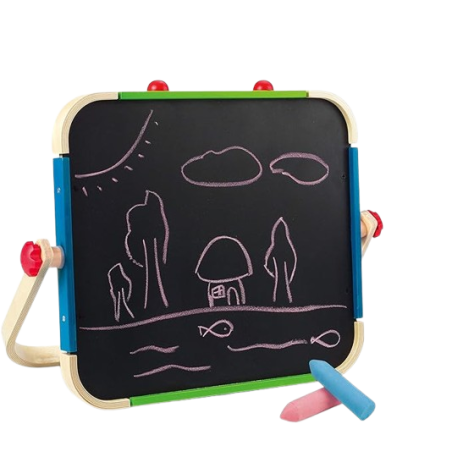 La lavagnetta portatile double face di Hape è dotata di gessetti colorati per scatenare la fantasia La lavagnetta portatile double face di Hape è dotata di gessetti colorati per scatenare la fantasia