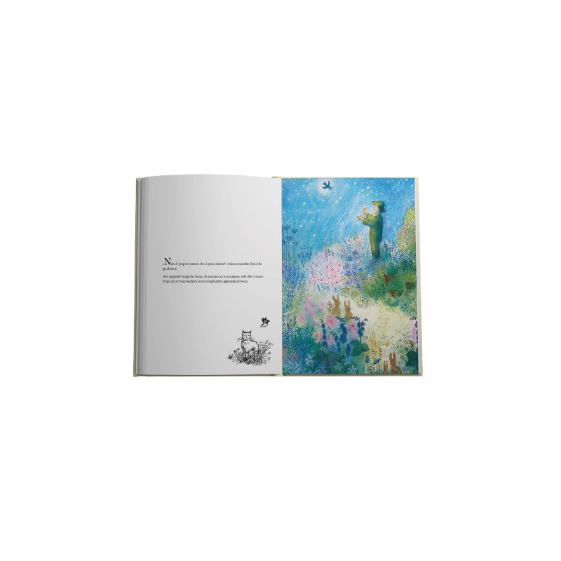 Una delle illustrazioni dai tanti colori tenui del libro Il piccolo giardiniere di Storiedichi Edizioni