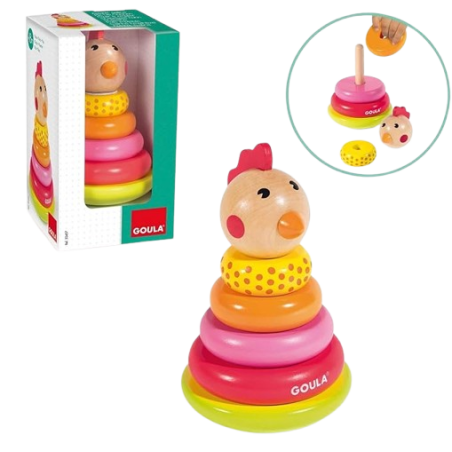 Con la Gallina impilabile di Goula il bambino imparerà a impilare i cerchi diversi nella giusta sequenza Con la Gallina impilabile di Goula il bambino imparerà a impilare i cerchi diversi nella giusta sequenza