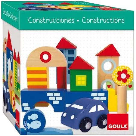 La scatola del set di 40 pezzi di costruzioni in legno con macchinina La scatola del set di 40 pezzi di costruzioni in legno con macchinina